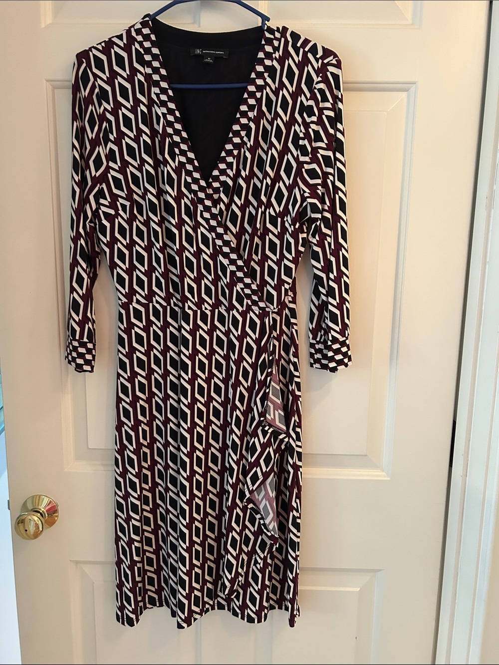 INC International Concepts burgundy, black and White Geometric Wrap Dress Size M